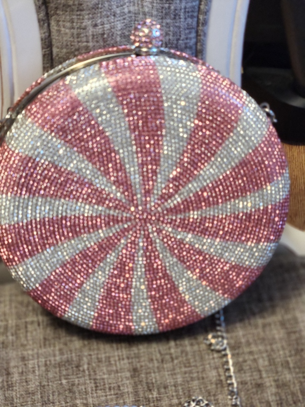 Alessia Bianchi Beaded Peppermint Candy Clutch Handbag Pink & White Silver-tone